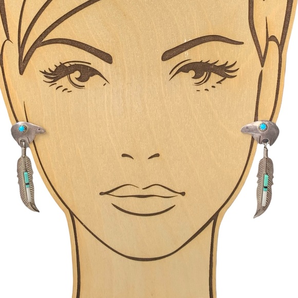 Native American Navajo Sterling Turquoise Mosaic Stone Feather Bear Earrings - Picture 3 of 7